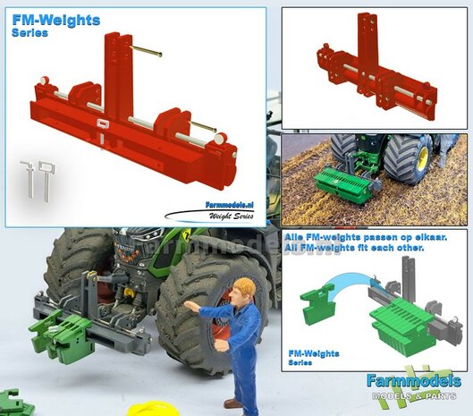 Gewichten drager BOK  &quot;WIDE&quot; + lights version FENDT ROOD gespoten RESIN/ METAAL incl. diverse trekhaak pinnen in Aluminium kleur  FM-Weight Series:   1:32