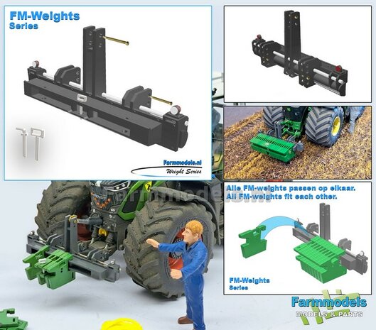 Gewichten drager BOK  &quot;WIDE&quot; + lights version FENDT 942 CHASSIS GRIJS gespoten RESIN/ METAAL incl. diverse trekhaak pinnen in Aluminium kleur  FM-Weight Series:   1:32