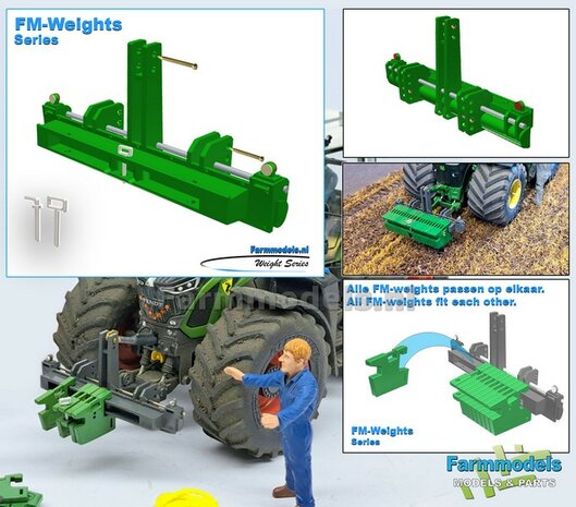 Gewichten drager BOK  &quot;WIDE&quot; + lights version JD 7R 310 GROEN gespoten RESIN/ METAAL incl. diverse trekhaak pinnen in Aluminium kleur  FM-Weight Series:   1:32
