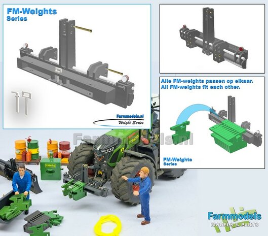 Gewichten drager BOK  &quot;WIDE&quot; + lights version MF 9S CHASSIS GRIJS gespoten RESIN/ METAAL incl. diverse trekhaak pinnen in Aluminium kleur  FM-Weight Series:   1:32