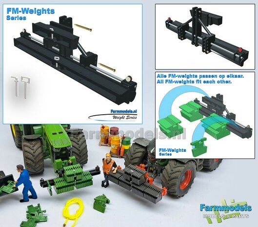 Gewichten drager BOK  &quot;TRACTOR PULL&quot; + lights version (FENDT) DONKER GRIJS gespoten RESIN/ METAAL incl. diverse trekhaak pinnen in Aluminium kleur  FM-Weight Series:   1:32