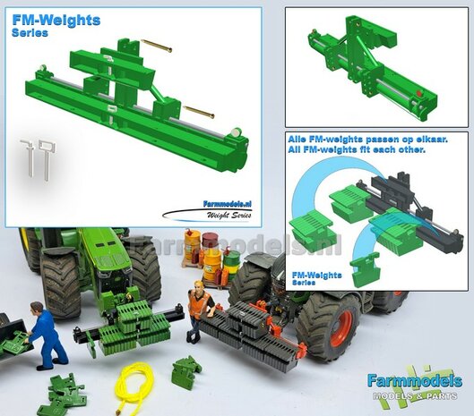 Gewichten drager BOK  &quot;TRACTOR PULL&quot; + lights version JD 7R 310 GROEN gespoten RESIN/ METAAL incl. diverse trekhaak pinnen in Aluminium kleur  FM-Weight Series:   1:32