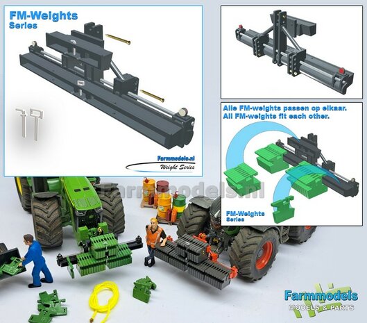 Gewichten drager BOK  &quot;TRACTOR PULL&quot; + lights version MF 9S CHASSIS GRIJS gespoten RESIN/ METAAL incl. diverse trekhaak pinnen in Aluminium kleur  FM-Weight Series:   1:32