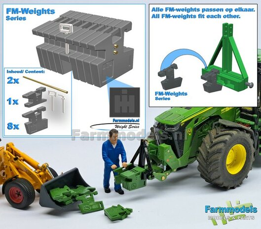 FM-Weight: (Front-) Gewicht platen set (CASE) IH OPDRUK, RESIN:  8x gewichtplaten + 1x Trekoog-plaat + div. Trekhaak pinnen + 2x Messing as 1:32