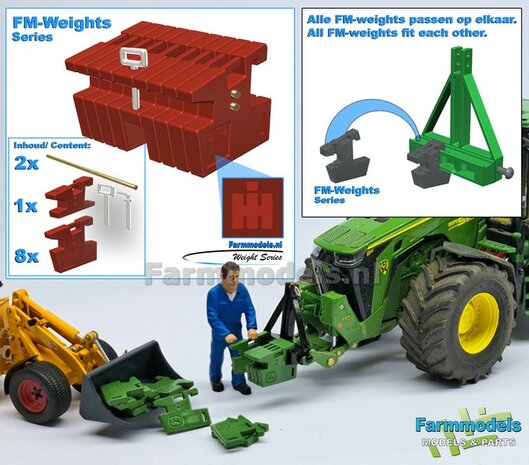 FM-Weight: (Front-) Gewicht platen set (CASE) IH OPDRUK, (CASE) IH DONKER ROOD GESPOTEN:  8x gewichtplaten + 1x Trekoog-plaat + div. Trekhaak pinnen + 2x Messing as 1:32