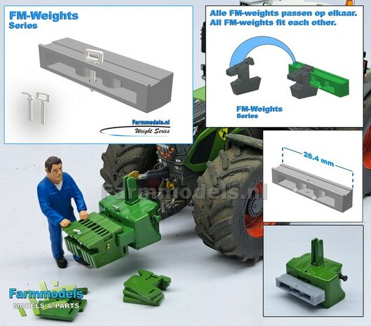 Gewichten drager chassis &quot;NORMAL&quot; RESIN ong. 26.4 mm breed, incl. diverse trekhaak pinnen in Aluminium kleur  FM-Weight Series:   1:32