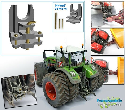 Dubbele Ondertrekhaak BASIC geleverd in FENDT 942 CHASSIS GRIJS met 2x stuurstang aansluiting + 2x trekhaak hoogtes 1:32