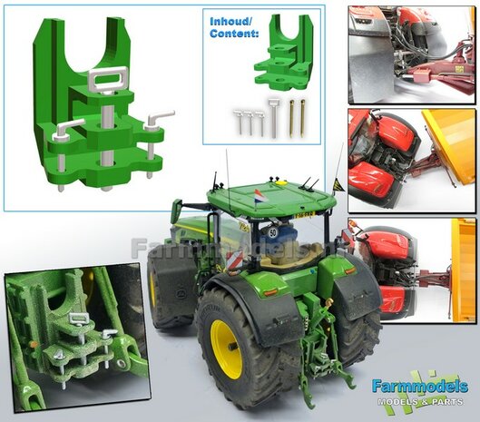 Dubbele Ondertrekhaak DELUXE in JD 7810 OUD GROEN met 2x stuurstang aansluiting + 2x trekhaak hoogtes, geleverd met Deluxe pinnenset  1:32