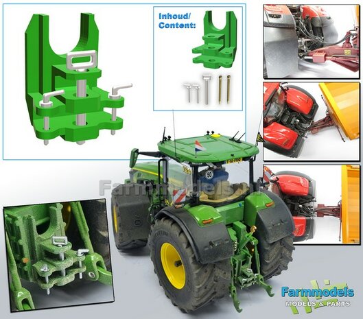 Dubbele Ondertrekhaak DELUXE in JD 7R 310 GROEN met 2x stuurstang aansluiting + 2x trekhaak hoogtes, geleverd met Deluxe pinnenset  1:32