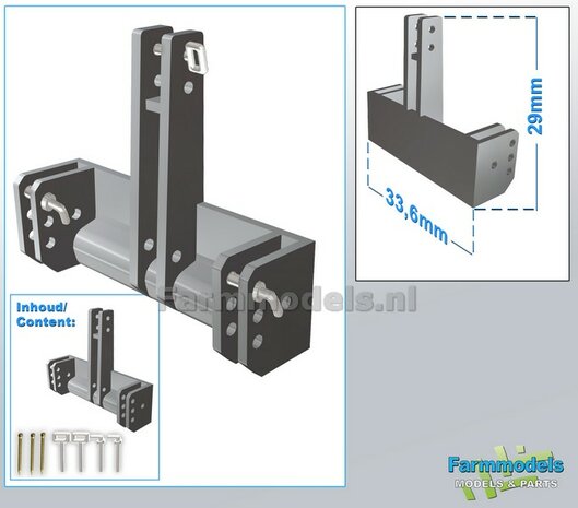 3-Punt Hulpstuk/ Bok DELUXE t.b.v. aankoppeling machine/ werktuig RESIN geleverd incl. pinnenset en messing kopspijkers 1:32