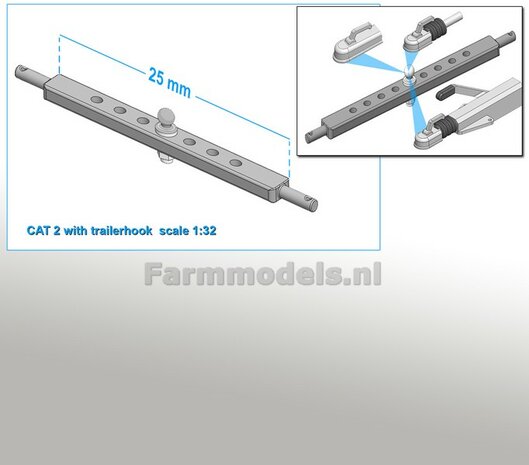 Trekhaakkogel met gatenbalk CAT 2 Blank RESIN Geleverd, past in 25 mm tussenruimte hefarmen 1:32