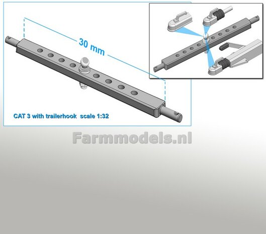 Trekhaakkogel met gatenbalk CAT 3 Blank RESIN Geleverd, past in 30 mm tussenruimte hefarmen 1:32