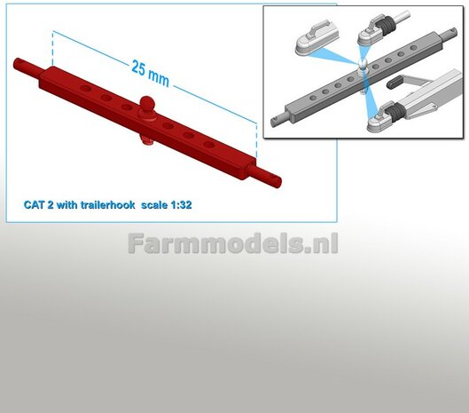 Trekhaakkogel met gatenbalk CAT 2 (CASE) IH DONKER ROOD gespoten, past in 25 mm tussenruimte hefarmen 1:32