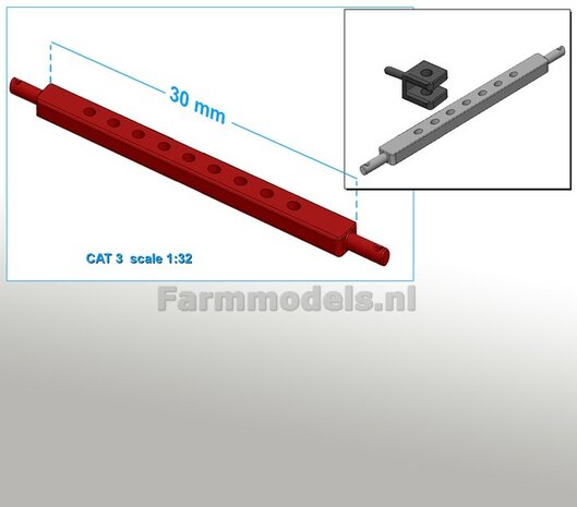 Trekhaakkogel met gatenbalk CAT 3 (CASE) IH DONKER ROOD gespoten, past in 30 mm tussenruimte hefarmen 1:32