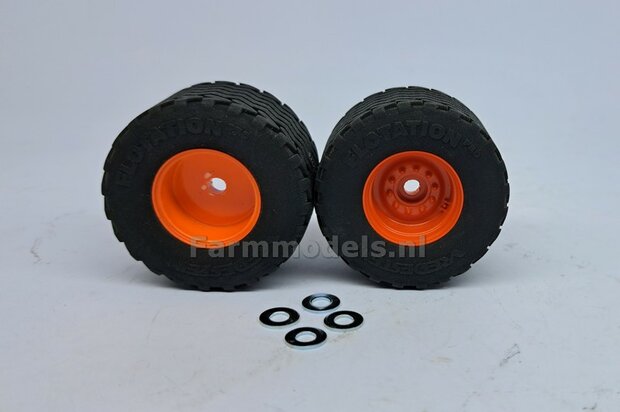 2x Vredestein Flotation Pro Banden &Oslash; 46.8 mm met CLAAS ORANJE gespoten Velgen + 4x O-RINGEN 1:32   Farmmodels Premium Line Series