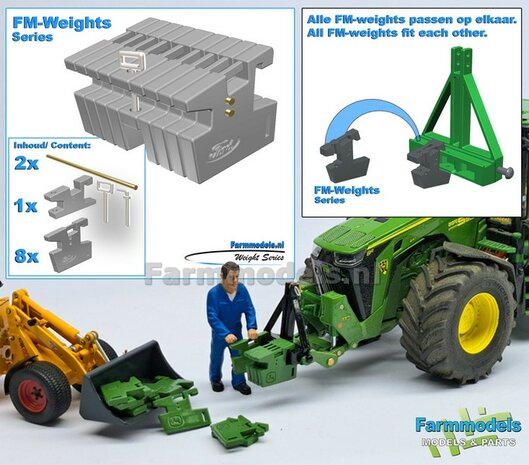 FM-Weight: (Front-) Gewicht platen set FORD OPDRUK, RESIN:  8x gewichtplaten + 1x Trekoog-plaat + div. Trekhaak pinnen + 2x Messing as 1:32