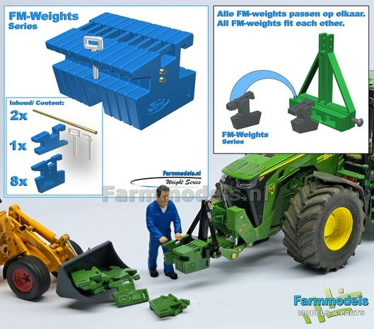 FM-Weight: (Front-) Gewicht platen set FORD OPDRUK, FORD UH BLAUW GESPOTEN:  8x gewichtplaten + 1x Trekoog-plaat + div. Trekhaak pinnen + 2x Messing as 1:32