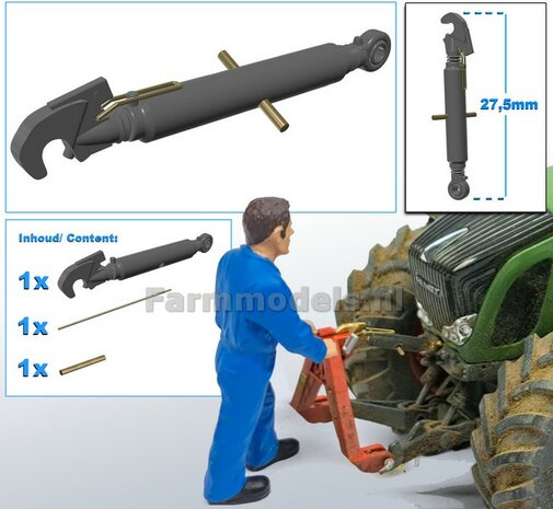 Topstang lengte 27.5mm met 1x VANGHAAK en 1x KOGELKOP aansluiting. Resin, gespoten in FENDT 942 CHASSIS GRIJS + 2x messing as t.b.v. details  1:32