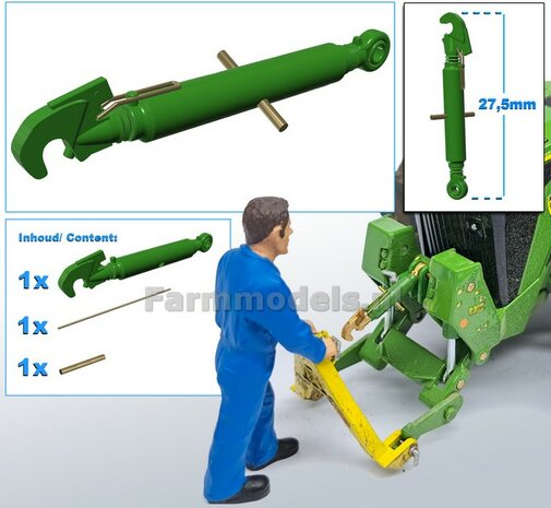 Topstang lengte 27.5mm met 1x VANGHAAK en 1x KOGELKOP aansluiting. Resin, gespoten in JD 7R 310 GROEN + 2x messing as t.b.v. details  1:32