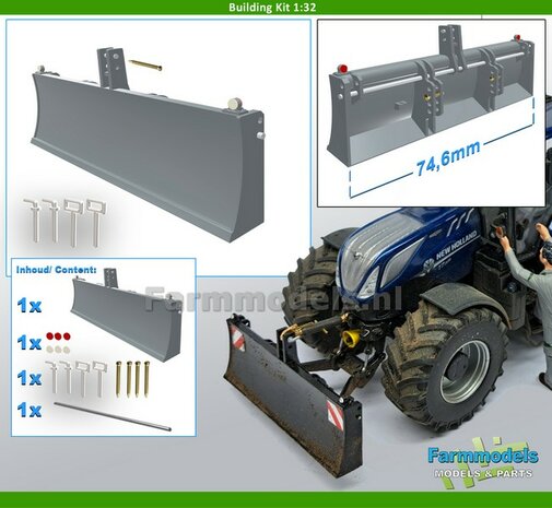 BOUWKIT Grondschuif &quot;PROFI&quot; SMALL Version 74.6mm Breed, RESIN + Glimmertjes + diverse Trekhaak pinnen + Messing Kopspijkers &amp; Torsiestang  1:32