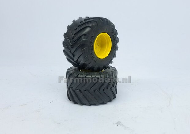 JD 7310R: 2x Michelin Mega X Bib Banden &Oslash; 53.5 x 32.3 mm + ALUMINIUM velgen JOHN DEERE GEEL gespoten   1:32    Farmmodels Custom Line Series