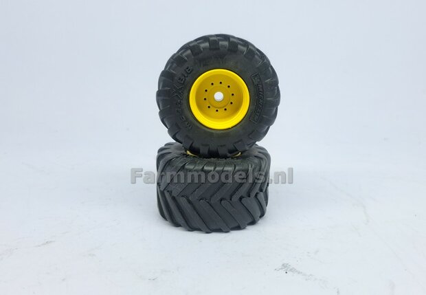 JD 7310R: 2x Michelin Mega X Bib Banden &Oslash; 53.5 x 32.3 mm + ALUMINIUM velgen JOHN DEERE GEEL gespoten   1:32    Farmmodels Custom Line Series