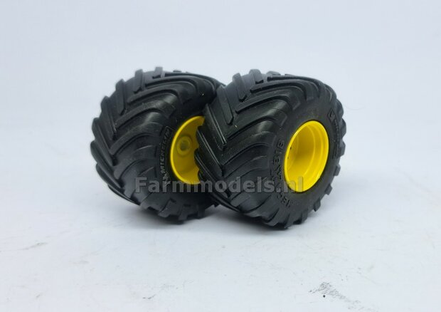 JD 7310R: 2x Michelin Mega X Bib Banden &Oslash; 53.5 x 32.3 mm + ALUMINIUM velgen JOHN DEERE GEEL gespoten   1:32    Farmmodels Custom Line Series