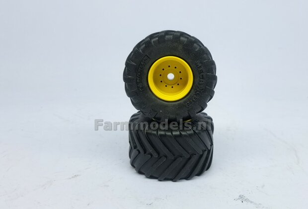 JD 7310R: 2x Michelin Mega X Bib Banden &Oslash; 53.5 x 32.3 mm + ALUMINIUM velgen JOHN DEERE GEEL gespoten   1:32    Farmmodels Custom Line Series