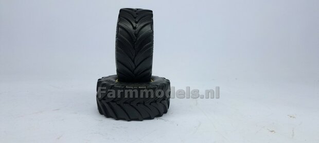 JD 7310R: 2x Vredestein Traxion 900/65 R45 Banden &Oslash; 71.9 x 32.5 mm + KUNSTSTOF Velgen JOHN DEERE GEEL gespoten  1:32    Farmmodels Custom Line Series