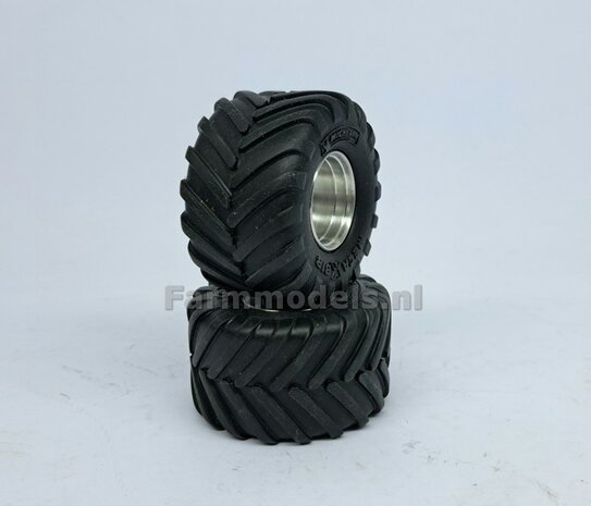 JD 7310R: 2x Michelin Mega X Bib Banden &Oslash; 53.5 x 32.3 mm + ALUMINIUM velgen BLANK geleverd  1:32    Farmmodels Custom Line Series