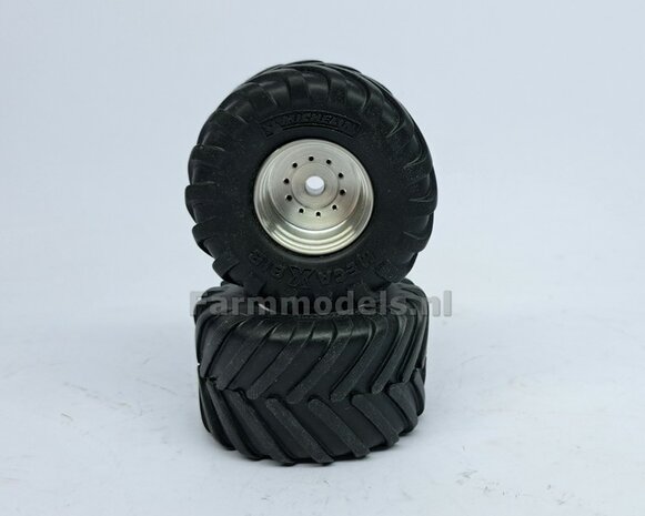 JD 7310R: 2x Michelin Mega X Bib Banden &Oslash; 53.5 x 32.3 mm + ALUMINIUM velgen BLANK geleverd  1:32    Farmmodels Custom Line Series