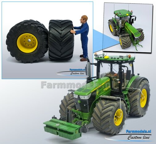 JD 7310R: 2x Michelin Mega X Bib Banden &Oslash; 53.5 x 32.3 mm + ALUMINIUM velgen JOHN DEERE GEEL gespoten   1:32    Farmmodels Custom Line Series