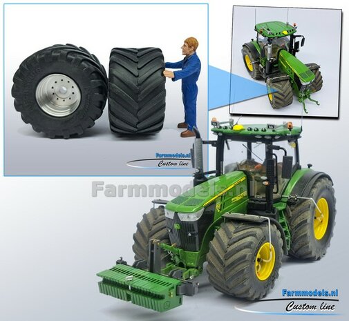 JD 7310R: 2x Michelin Mega X Bib Banden &Oslash; 53.5 x 32.3 mm + ALUMINIUM velgen BLANK geleverd  1:32    Farmmodels Custom Line Series