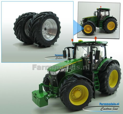 JD 7310R: 2x Vredestein Traxion Banden &Oslash; 54.5 x 23.5 mm + ALUMINIUM velgen BLANK geleverd  1:32 Farmmodels Custom Line Series