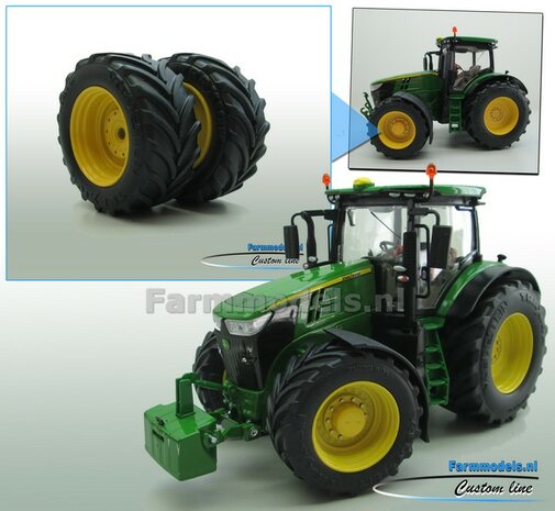 JD 7310R: 2x Vredestein Traxion Banden &Oslash; 54.5 x 23.5 mm + ALUMINIUM velgen JOHN DEERE GEEL gespoten  1:32   Farmmodels Custom Line Series