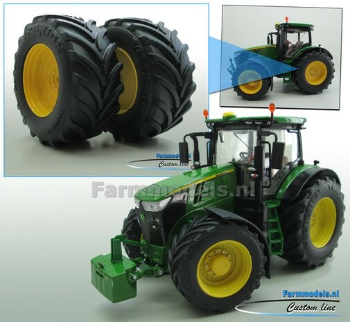 JD 7310R: 2x Vredestein Traxion Banden &Oslash;  68.5 x 32 mm + JD GEEL Gespoten Velgen 1:32 Farmmodels Custom Line Series