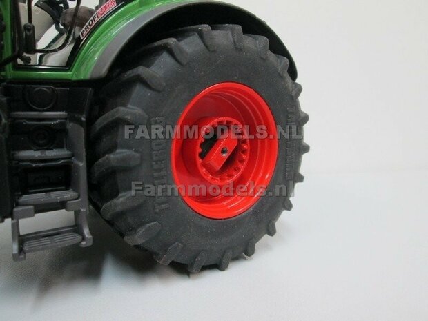 Fendt 828 FACELIFT: 2x Brede Banden &Oslash; 53.8 x 22.5 mm + ALUMINIUM velgen FENDT ROOD gespoten  1:32    Farmmodels Custom Line Series