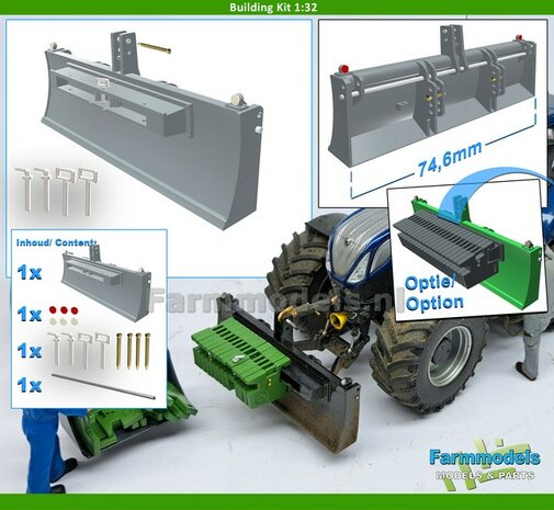 BOUWKIT Grondschuif &quot;PROFI&quot; SMALL Version 74.6mm Breed + GEWICHTBALK WIDE RESIN + Glimmertjes + div. Trekhaakpinnen + Messing Kopspijkers &amp; Torsiestang  1:32