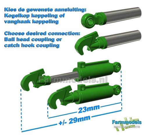 Topstang &quot;HYDROLISCH&quot; - &quot;SLIM&quot; DELUXE Version Lengte in 23mm - Uit: ong. 29mm Geleverd in JD 7R 310 GROEN met 1x VANGHAAK + 2x KOGELKOP aansl.  1:32