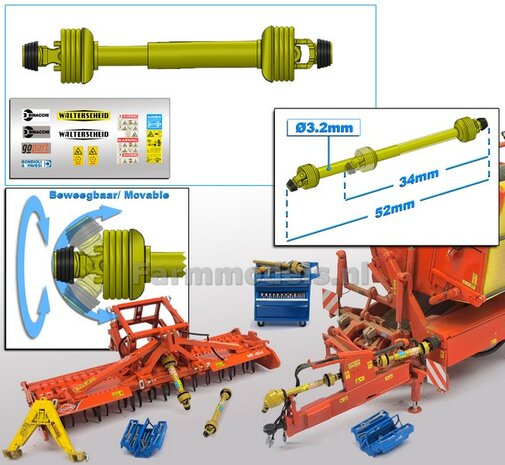 Beweegbare Aftakas Lengte in: 34mm L. uit: 52mm Buis &Oslash;3.2mm  (WALTERSCHEID) GEEL met 2x ZWART/GELE aansluitgaffels incl. Pr&eacute;-Cut Stickerset  1:32