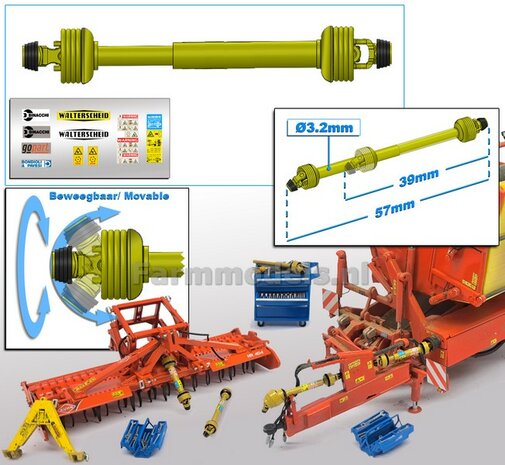 Beweegbare Aftakas Lengte in: 39mm L. uit: 57mm Buis &Oslash;3.2mm  (WALTERSCHEID) GEEL met 2x ZWART/GELE aansluitgaffels incl. Pr&eacute;-Cut Stickerset  1:32