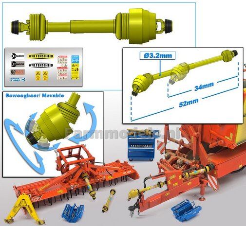 Beweegbare GROOTHOEK Aftakas Lengte in: 34mm L. uit: 52mm Buis &Oslash;3.2mm  (WALTERSCHEID) GEEL met 2x ZWART/GELE aansluitgaffels incl. Pr&eacute;-Cut Stickerset  1:32