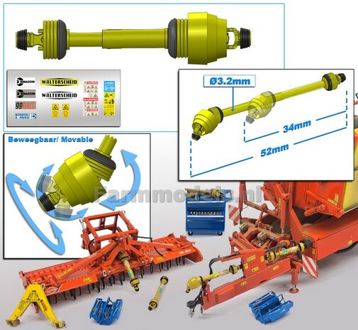 Beweegbare GROOTHOEK Aftakas DELUXE Lengte in: 34mm L. uit: 52mm Buis &Oslash;3.2mm  (WALTERSCHEID) GEEL met 2x ZWART/GELE gaffels incl. Pr&eacute;-Cut Stickerset  1:32