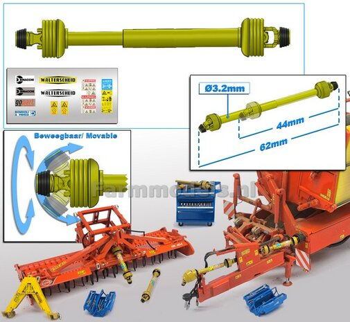 Beweegbare Aftakas Lengte in: 44mm L. uit: 62mm Buis &Oslash;3.2mm  (WALTERSCHEID) GEEL met 2x ZWART/GELE aansluitgaffels incl. Pr&eacute;-Cut Stickerset  1:32