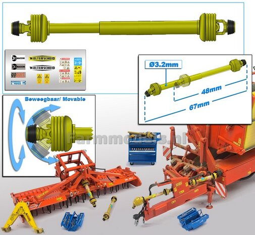 Beweegbare Aftakas Lengte in: 48mm L. uit: 67mm Buis &Oslash;3.2mm  (WALTERSCHEID) GEEL met 2x ZWART/GELE aansluitgaffels incl. Pr&eacute;-Cut Stickerset  1:32