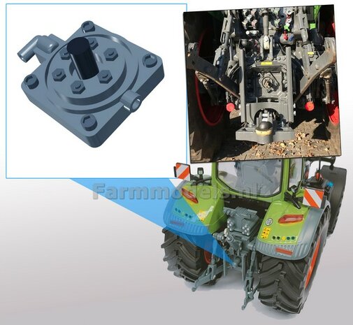 Aftakas huis + stomp voor Fendt 728 Wiking. Huis gespoten in Fendt 728 Wiking kleur + Messing as &Oslash; 1mm (t.b.v. aftakas stomp) 1:32   