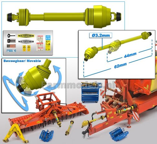 Beweegbare GROOTHOEK Aftakas Lengte in: 44mm L. uit: 62mm Buis &Oslash;3.2mm  (WALTERSCHEID) GEEL met 2x ZWART/GELE aansluitgaffels incl. Pr&eacute;-Cut Stickerset  1:32