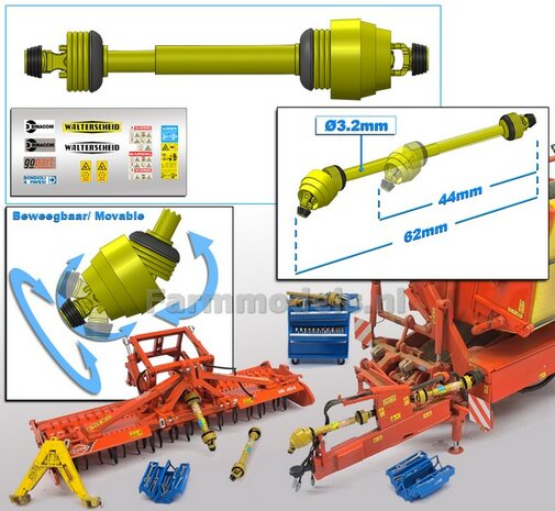 Beweegbare GROOTHOEK Aftakas DELUXE Lengte in: 44mm L. uit: 62mm Buis &Oslash;3.2mm  (WALTERSCHEID) GEEL met 2x ZWART/GELE gaffels incl. Pr&eacute;-Cut Stickerset  1:32