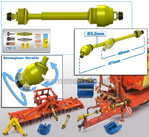 Beweegbare GROOTHOEK Aftakas Lengte in: 48mm L. uit: 67mm Buis &Oslash;3.2mm  (WALTERSCHEID) GEEL met 2x ZWART/GELE aansluitgaffels incl. Pr&eacute;-Cut Stickerset  1:32