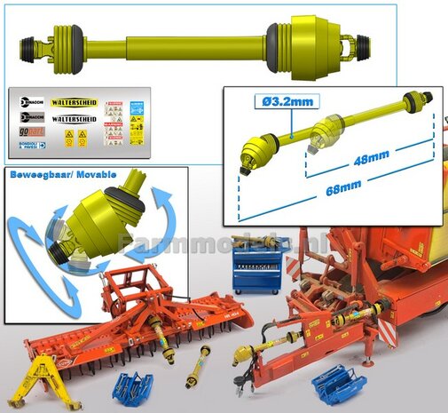 Beweegbare GROOTHOEK Aftakas DELUXE Lengte in: 48mm L. uit: 67mm Buis &Oslash;3.2mm  (WALTERSCHEID) GEEL met 2x ZWART/GELE gaffels incl. Pr&eacute;-Cut Stickerset  1:32